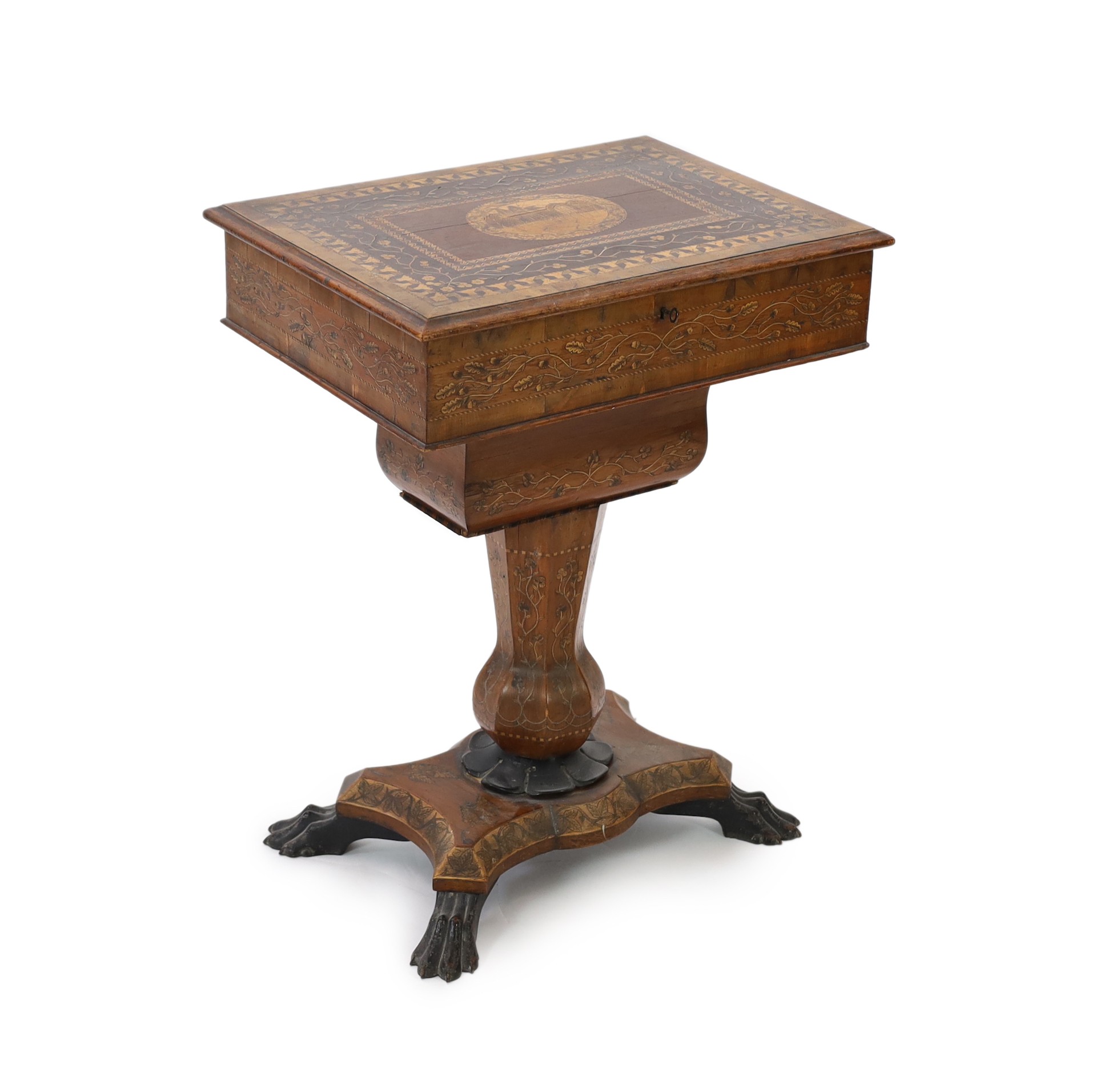 An early 19th century Irish Killarney arbutus work table, W.58cm D.44cm H.76cm